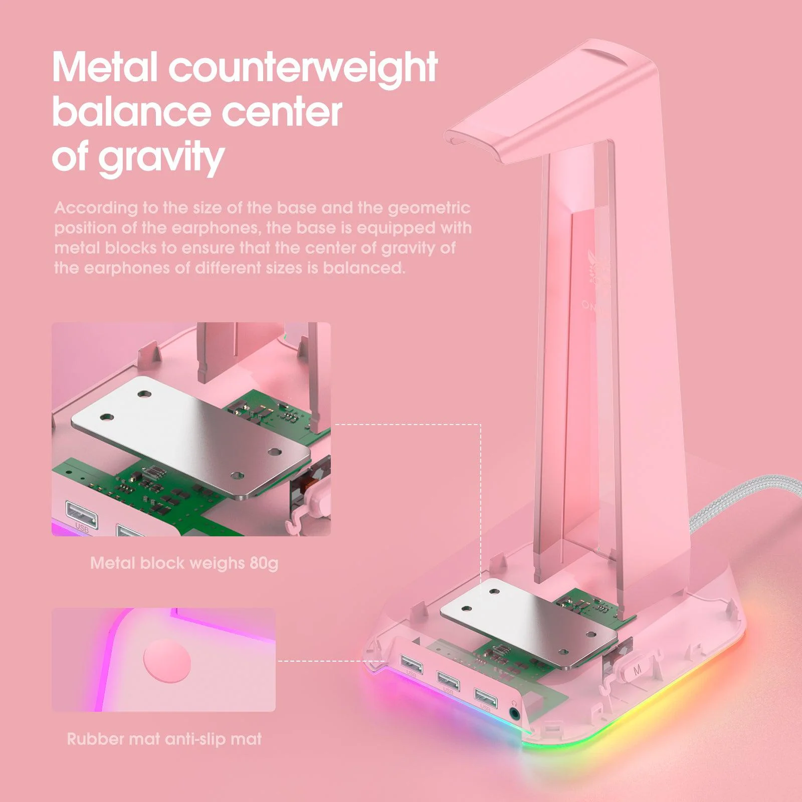 ONIKUMA ST2 RGB Gaming Headphone Stand with 3 USB and 3.5mm AUX Ports - Image 4