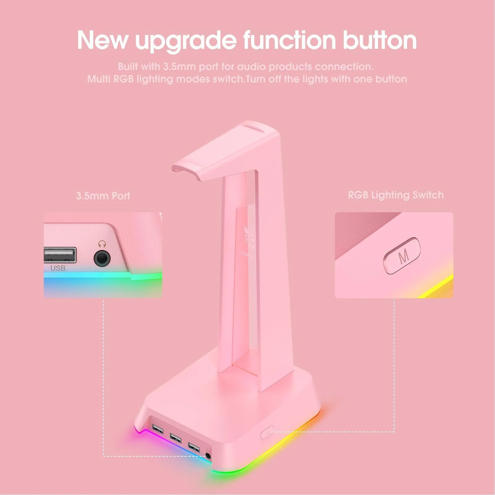 ONIKUMA ST2 RGB Gaming Headphone Stand with 3 USB and 3.5mm AUX Ports - Image 5