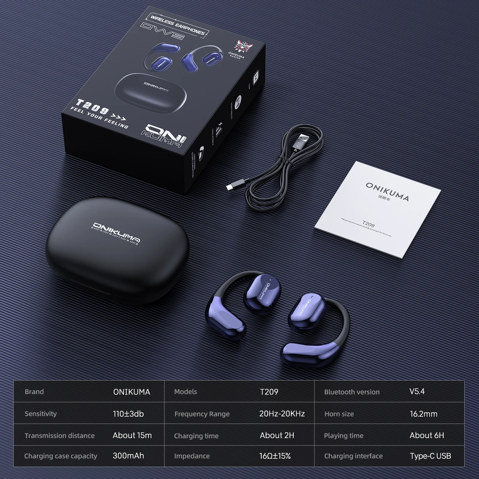 ONIKUMA T209 OWS Bluetooth Earphone with Charging Case, Cyberpunk Design - Image 7