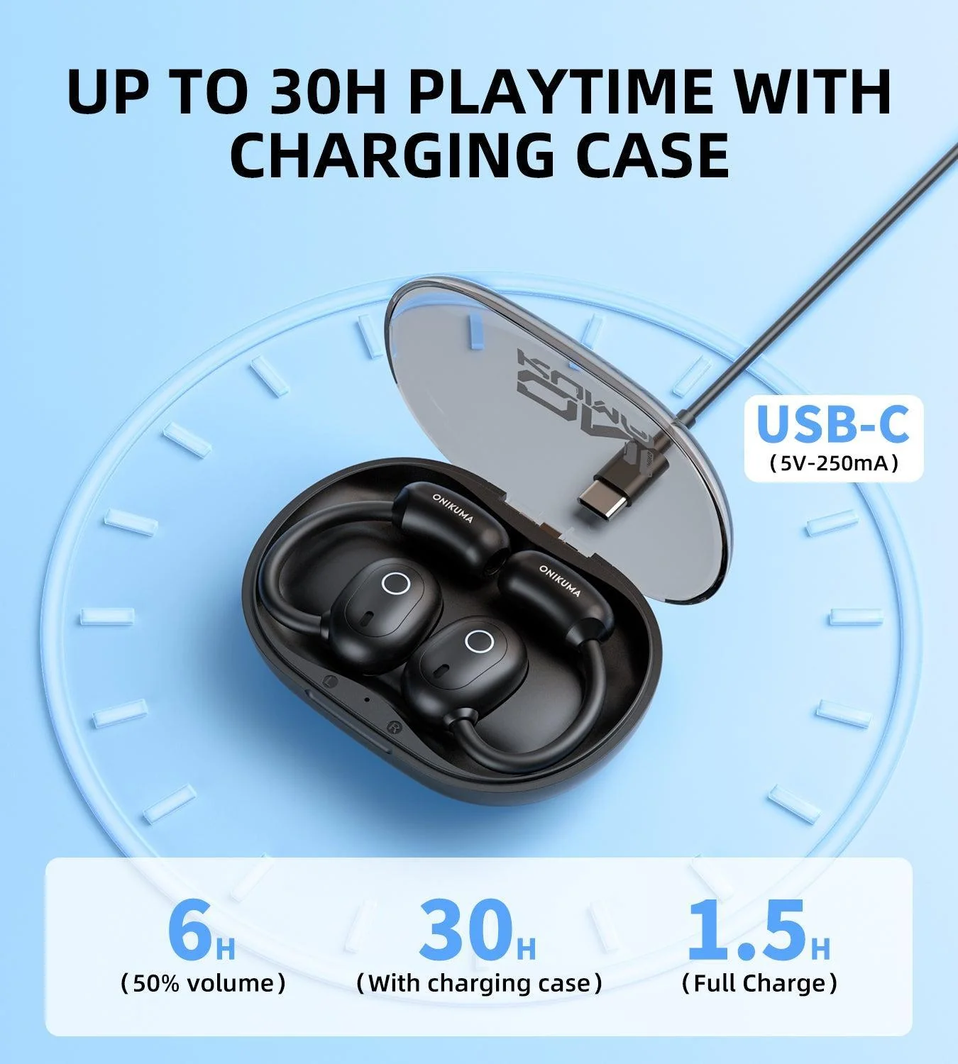 ONIKUMA T25 Wireless Earbuds,Bluetooth Headphones,Open Ear Headphones-HiFi Stereo, Clear Calls Mic,Ultra Comfort,Air Conduction,Smart Touch Control,30H Playback Earphones for Running&Workout-Black - Image 3