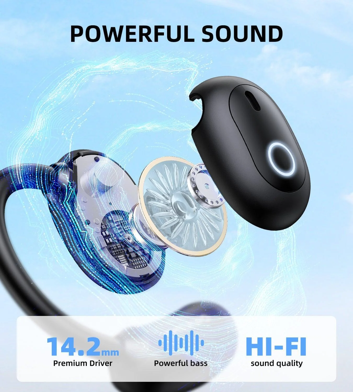ONIKUMA T25 Wireless Earbuds,Bluetooth Headphones,Open Ear Headphones-HiFi Stereo, Clear Calls Mic,Ultra Comfort,Air Conduction,Smart Touch Control,30H Playback Earphones for Running&Workout-Black - Image 4