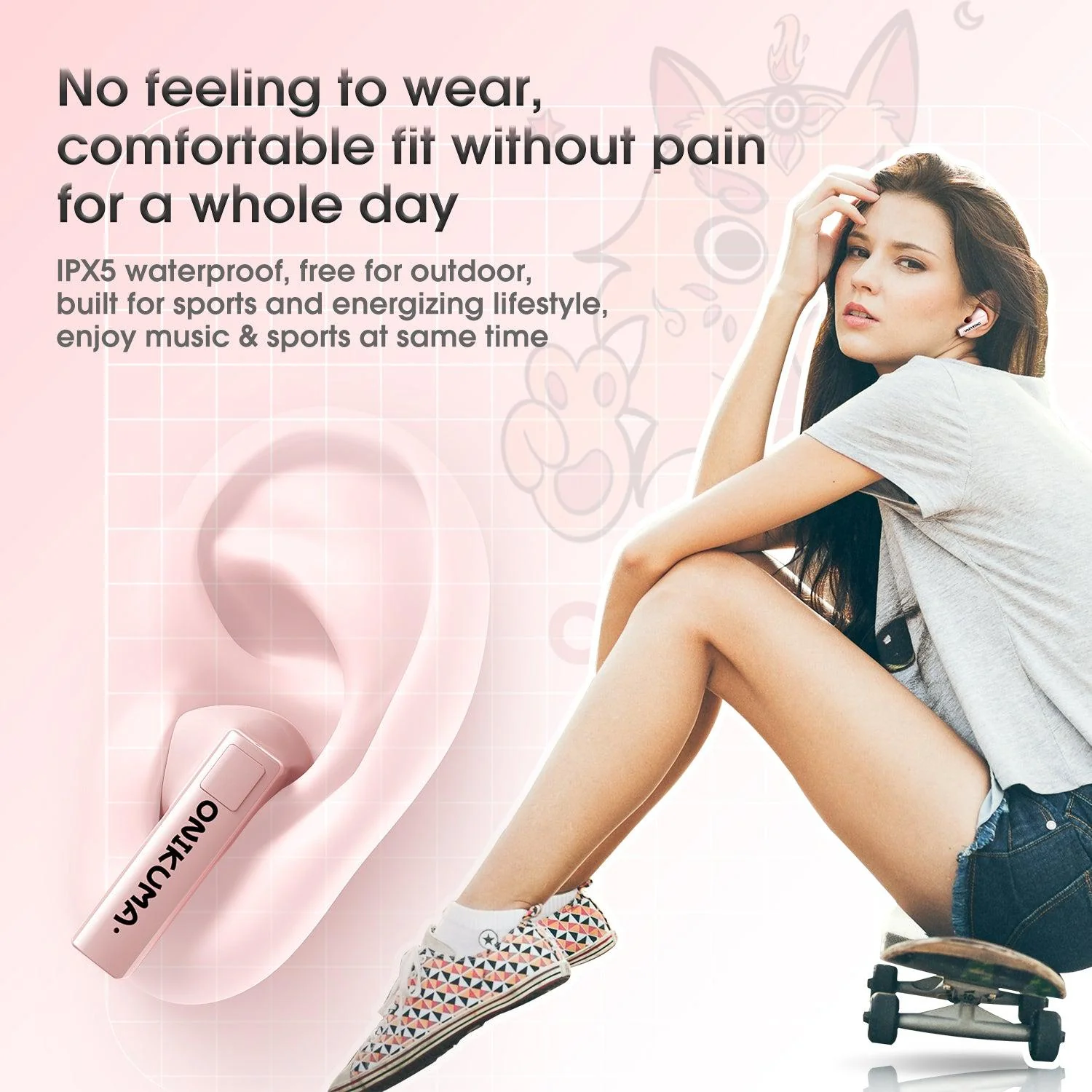 ONIKUMA T301 TWS Cartoon Earphone Touch Control Wireless Bluetooth-compatible 5.3 Headset Sports Earbuds Gaming Headset Gamer With Mic - Image 8
