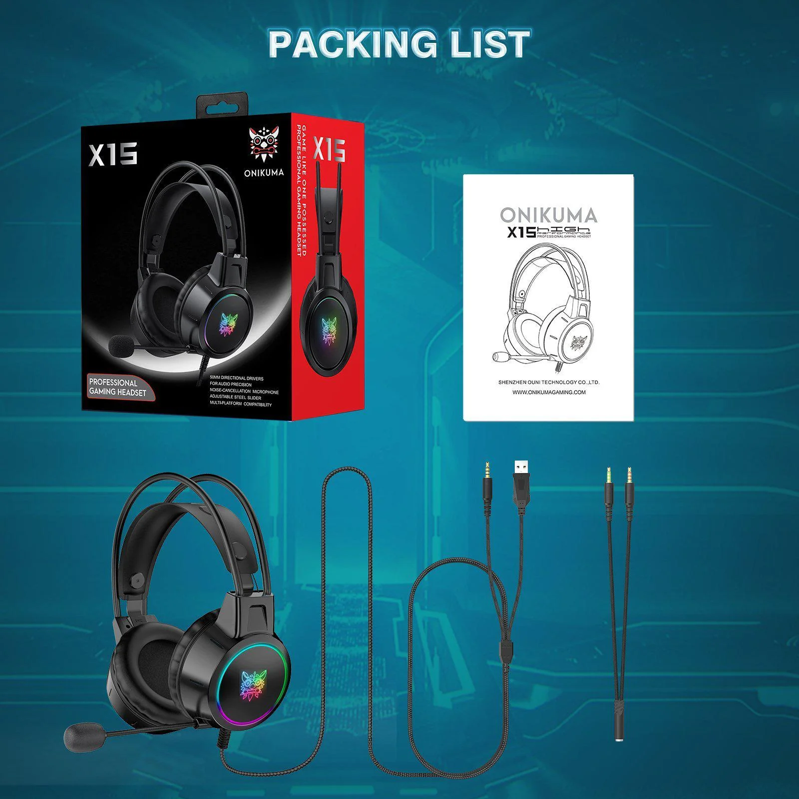ONIKUMA X15 PRO Double-Head Beam Noise Cancelling Microphone Durable Stereo Surround Gaming Headphones RGB Audifonos Alambricos Gaming Headset - Image 6