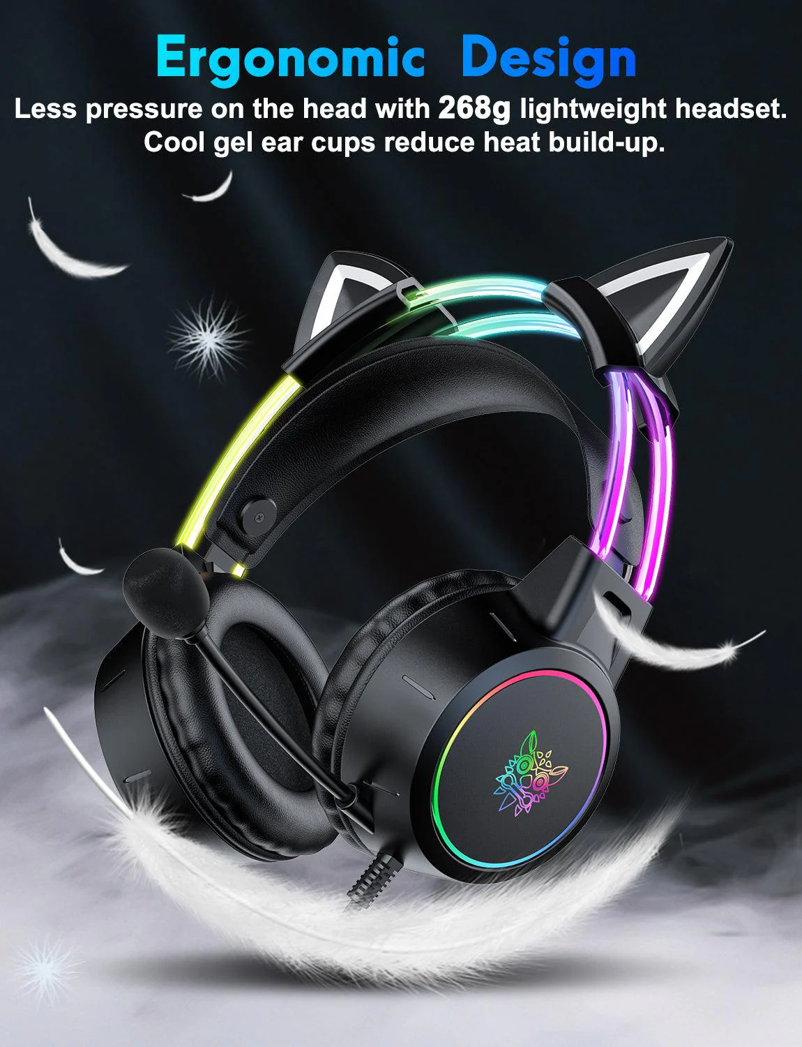 ONIKUMA X15 PRO Cat Ear Headphones, Double-Head Beam Noise Cancelling Microphone Durable Stereo Surround Gaming Headphones RGB Audifonos Alambricos Gaming Headset - Image 4