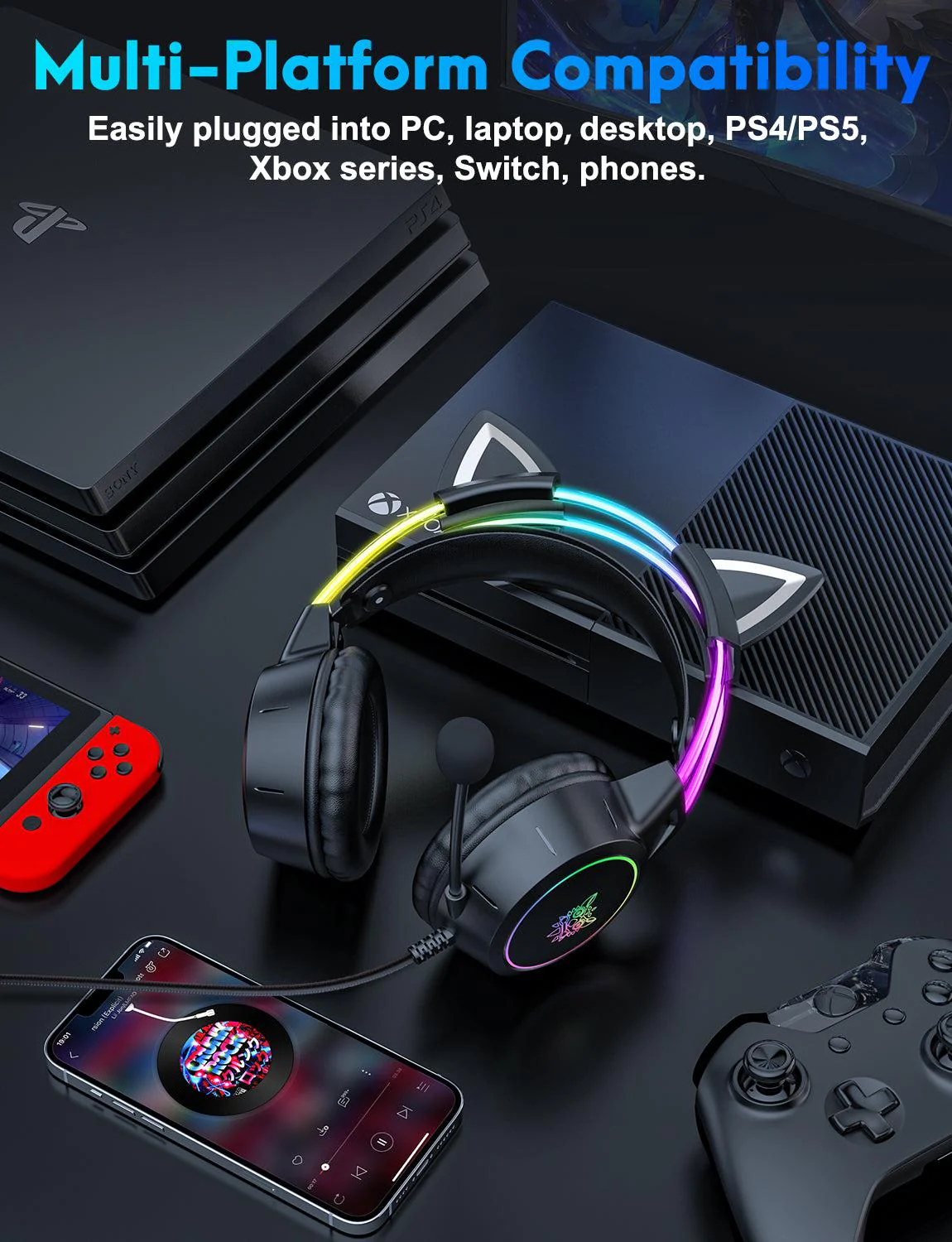 ONIKUMA X15 PRO Cat Ear Headphones, Double-Head Beam Noise Cancelling Microphone Durable Stereo Surround Gaming Headphones RGB Audifonos Alambricos Gaming Headset - Image 5