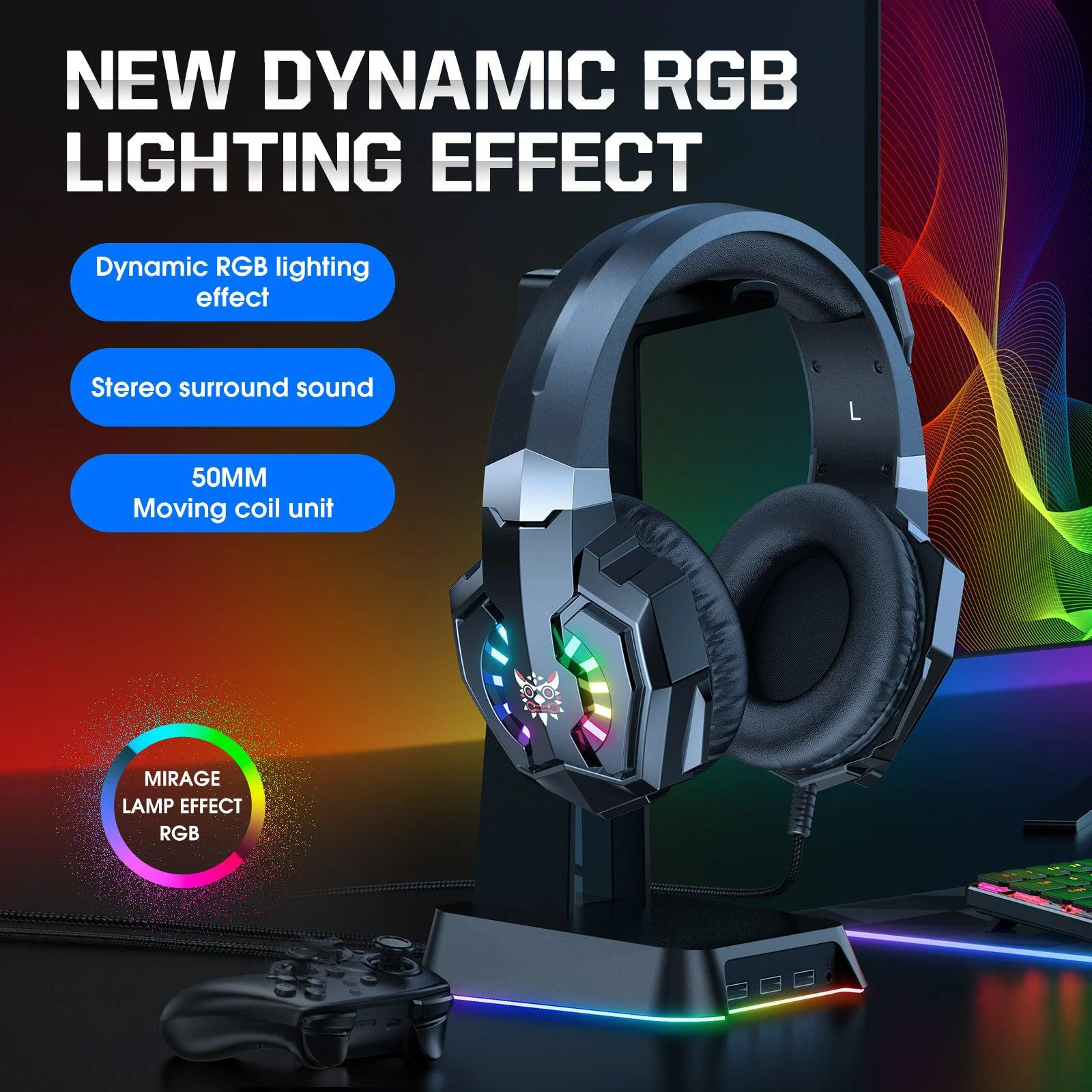 ONIKUMA X32 Wearable Wired Gaming Headset with Flexible Mic LED Lights, Dynamic RGB Lighting Effect - Image 3