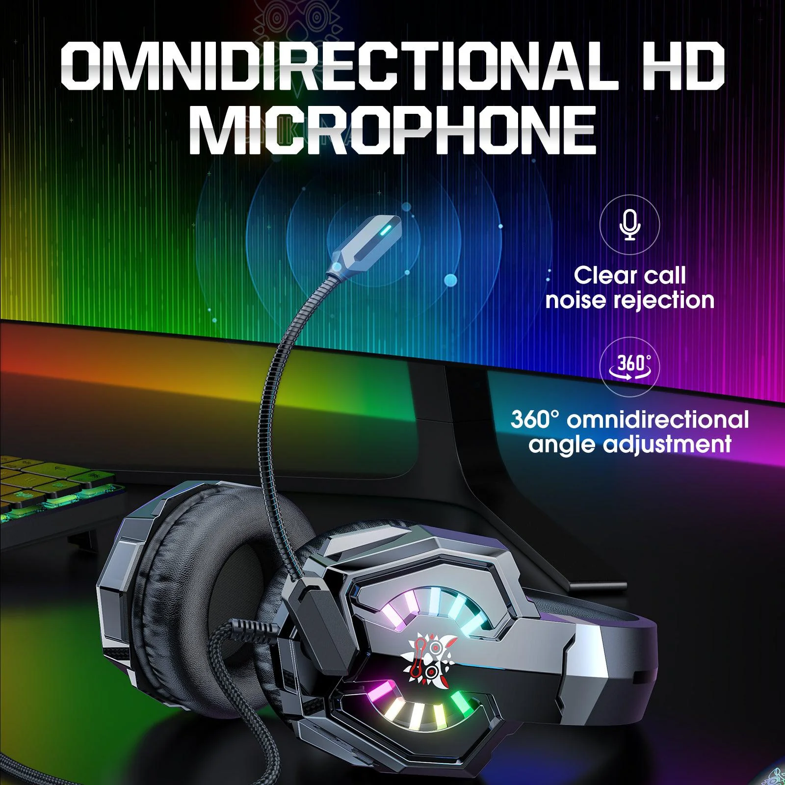 ONIKUMA X32 Wearable Wired Gaming Headset with Flexible Mic LED Lights, Dynamic RGB Lighting Effect - Image 4