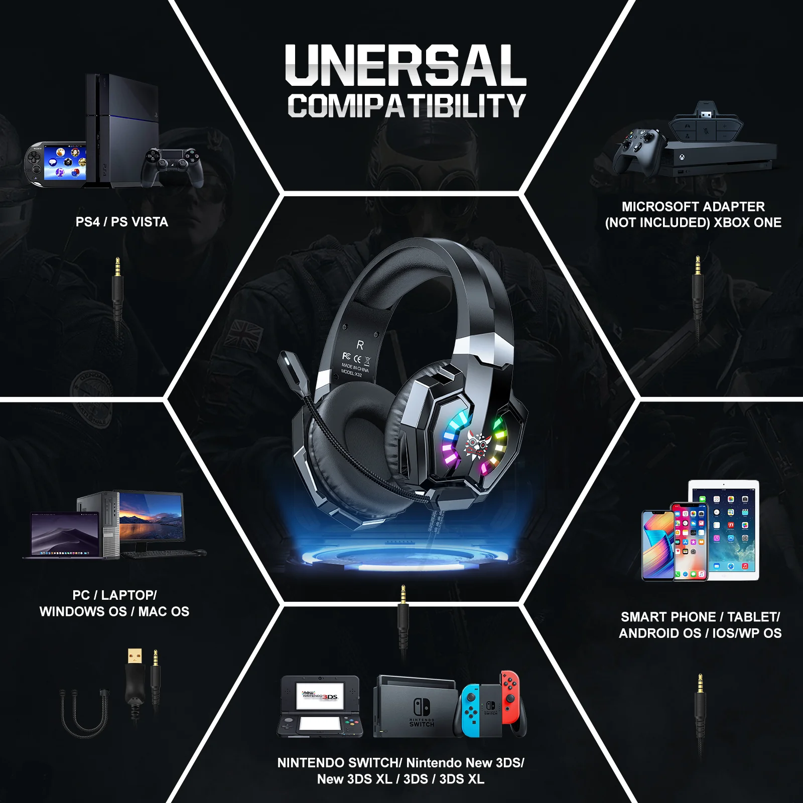 ONIKUMA X32 Wearable Wired Gaming Headset with Flexible Mic LED Lights, Dynamic RGB Lighting Effect - Image 6