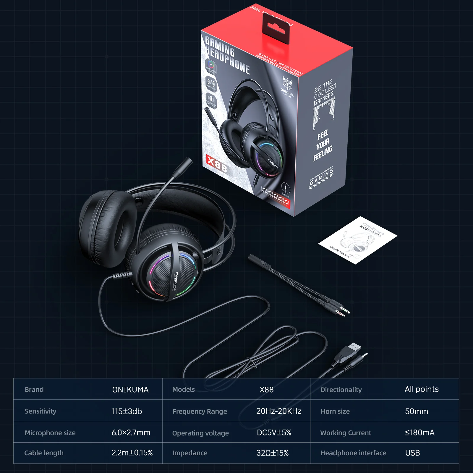 ONIKUMA X88 RGB Gaming Headset - 50mm Drivers, 360° Rotatable Mic & Comfortable Earmuffs - Image 7