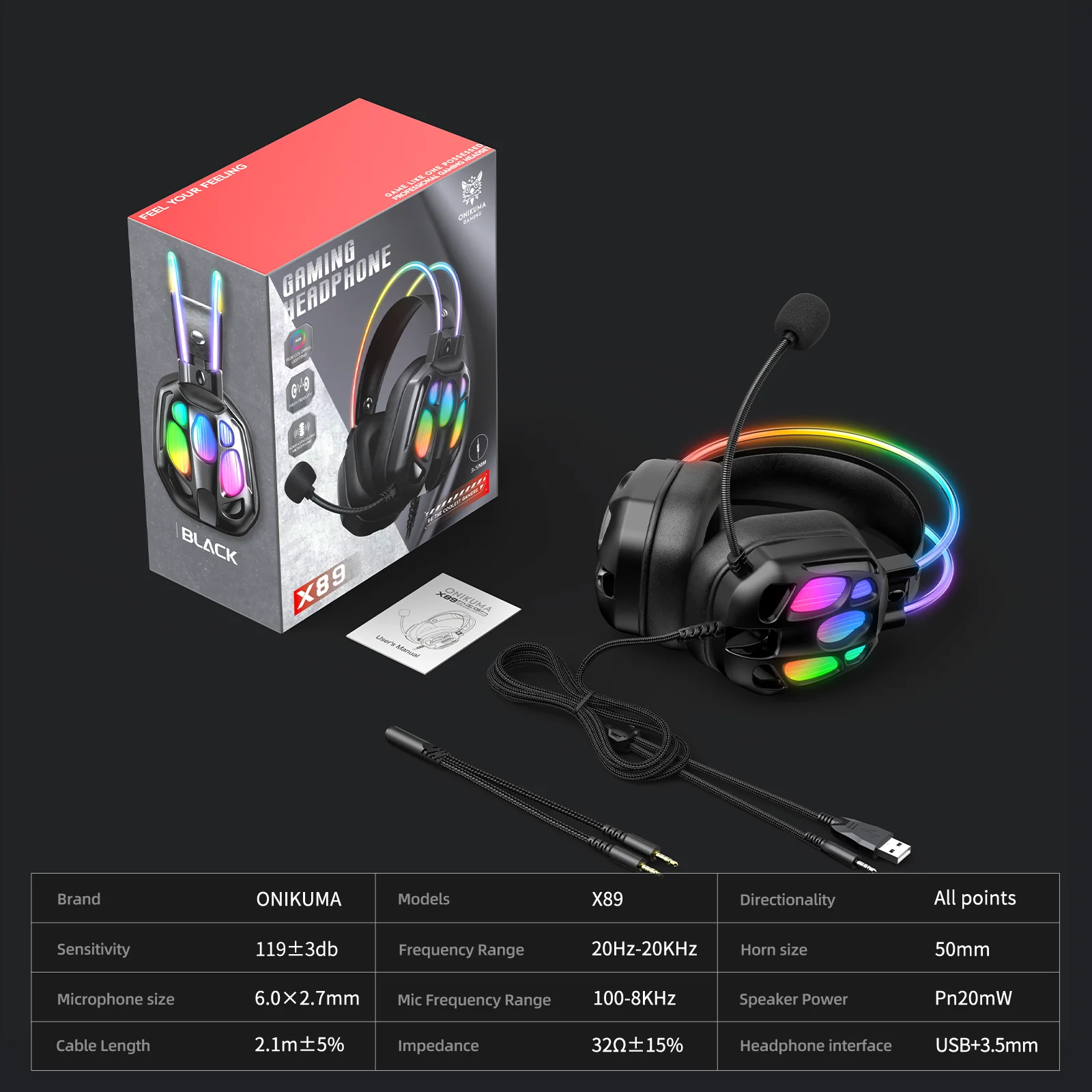 ONIKUMA X88 RGB Gaming Headset - 50mm Drivers, 360° Rotatable Mic & Comfortable Earmuffs - Image 15